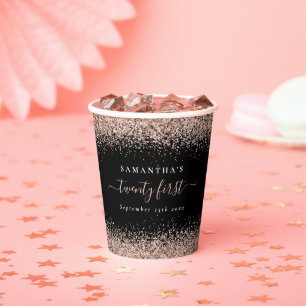 Rose Gold Glitzer Name Datum 21. Party Schwarz Pappbecher