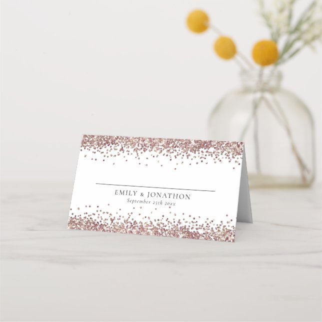 Rose Gold Glitzer Name Datum Hochzeit Platzkarte (Vorderseite)