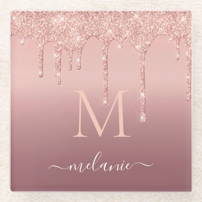 Rose Gold Glitzer Name des Buchstaben Glass Unters Glasuntersetzer (Vorderseite)