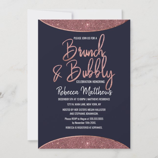 Rose Gold Glitzer Navy Blue Circle Brunch Bubbly Einladung (Vorderseite)