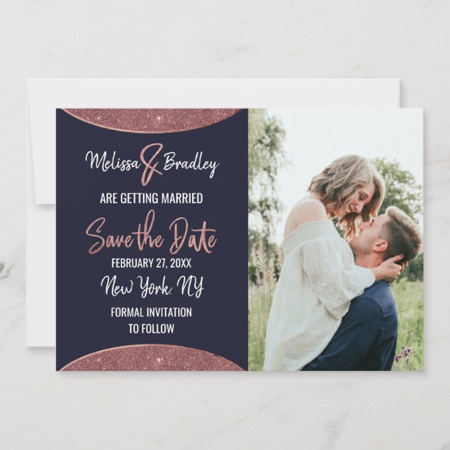 Rose Gold Glitzer Navy Blue Circle Save the Date Einladung (Vorderseite)