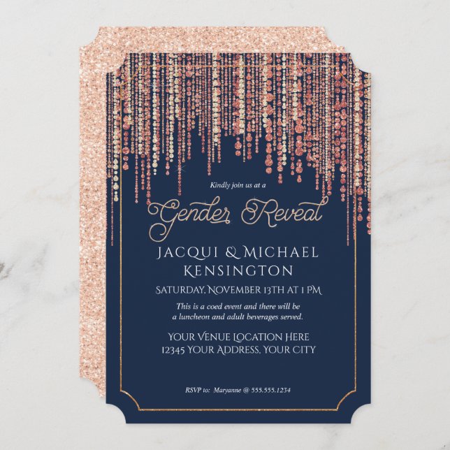 Rose Gold Glitzer Navy Blue Fringe Gender Reveal Einladung (Vorne/Hinten)