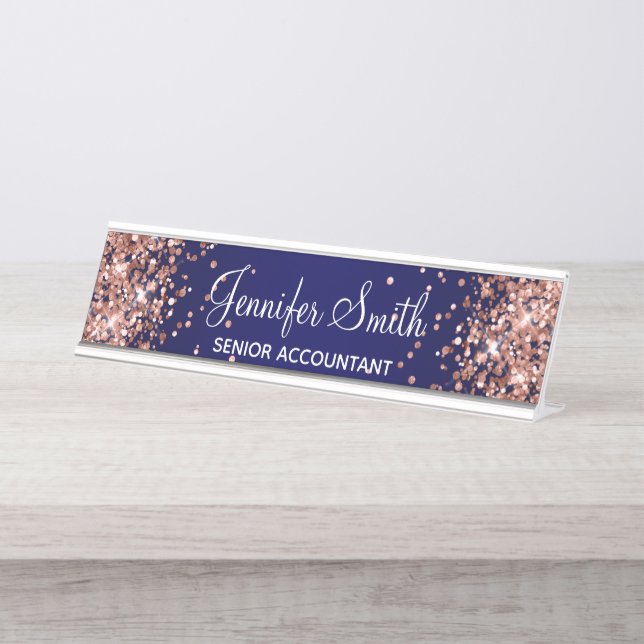 Rose Gold Glitzer Navy Blue Gradient Schreibtischnamensplakette (Vorderseite )