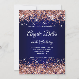 Rose Gold Glitzer Navy Blue Ombre 60. Geburtstag Einladung