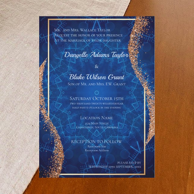 Rose Gold Glitzer Navy Blue Pattern Hochzeit Einladung (Von Creator hochgeladen)