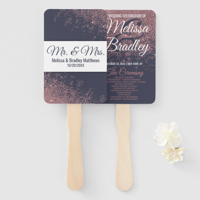 Rose Gold Glitzer Navy Blue Weddingprogramme Fächer (Vorne und Hinten)