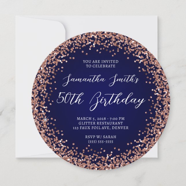 Rose Gold Glitzer Navy Ombre 50. Geburtstag Einladung (Vorderseite)