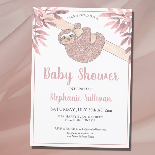Rose Gold Glitzer Niedlich Baby Girl Sloth Baby Du Einladung (Von Creator hochgeladen)
