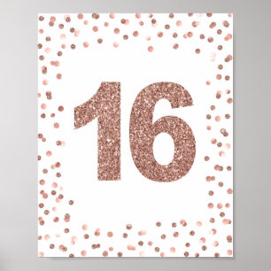 Rose Gold Glitzer Nummer 16 Geburtstagspartei Unte Poster