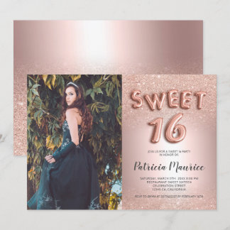 Rose Gold Glitzer Ober Buchstabenfolie Foto süß 16 Einladung