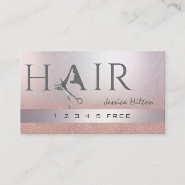 Rose Gold Glitzer Ober-Schere Haare Treuekarte (Vorderseite)