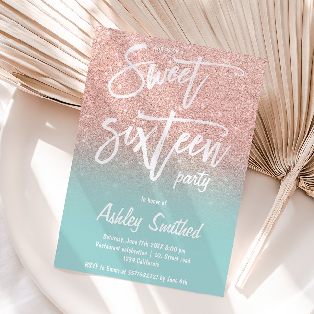 Rose Gold Glitzer ombre aquamarine Typografie Swee Einladung (Von Creator hochgeladen)