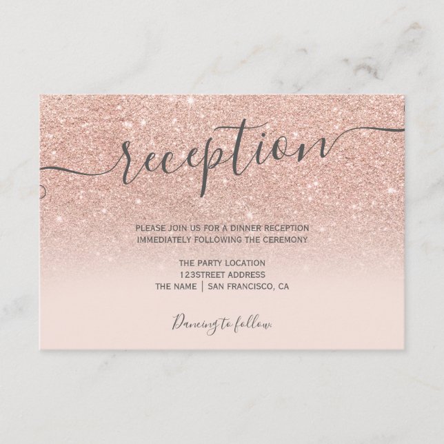 Rose gold Glitzer ombre blush script Empfang Begleitkarte (Vorderseite)