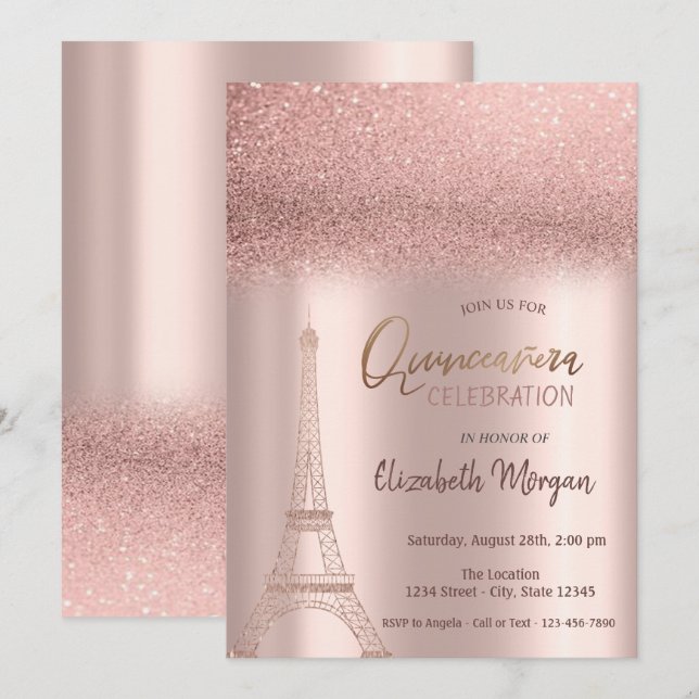 Rose Gold Glitzer Ombre, Eiffelturm Quinceanera Einladung (Vorne/Hinten)