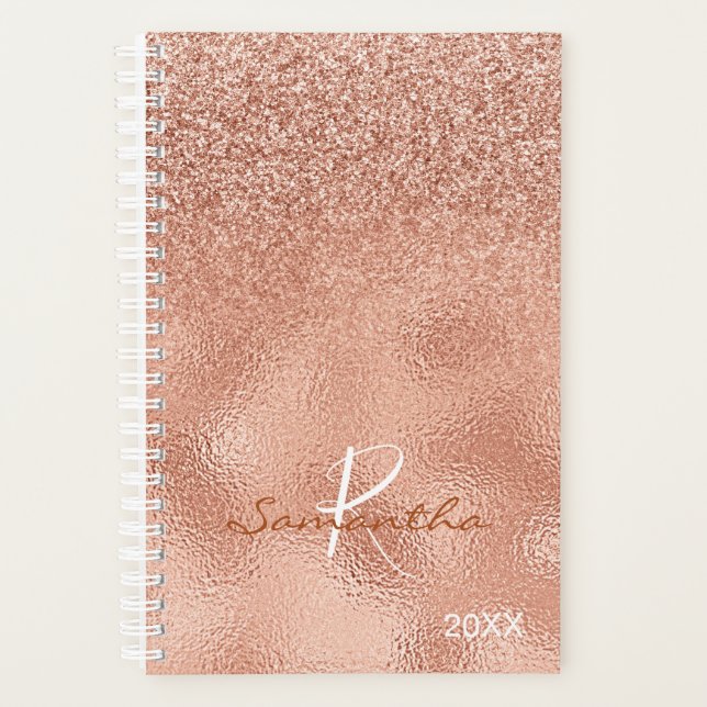 Rose Gold Glitzer Ombre Foil Jährliche Monogramm Planer (Vorderseite)