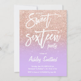Rose Gold Glitzer ombre lila Typografie Sweet 16 Einladung