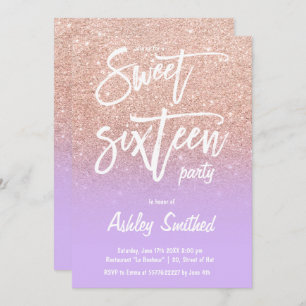 Rose Gold Glitzer ombre lila Typografie Sweet 16 Einladung