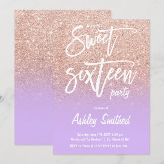 Rose Gold Glitzer ombre lila Typografie Sweet 16 Einladung