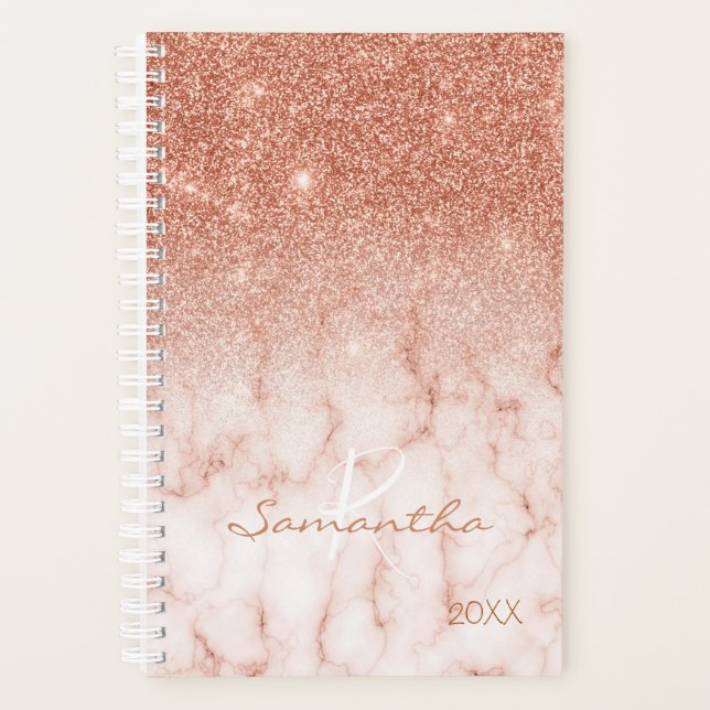 Rose Gold Glitzer Ombre Marble Jährliche Monogramm Planer (Vorderseite)