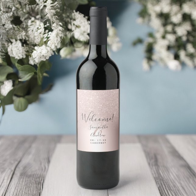Rose Gold Glitzer ombre Metallfolie willkommen Weinetikett (Rose gold glitter ombre metallic foil welcome wine label)