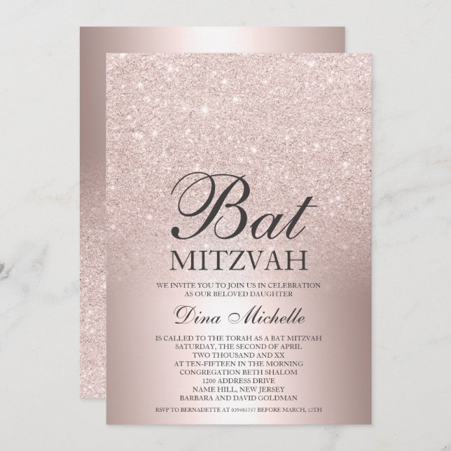 Rose Gold Glitzer ombre Metallic chic Bat Mitzvah Einladung (Vorne/Hinten)