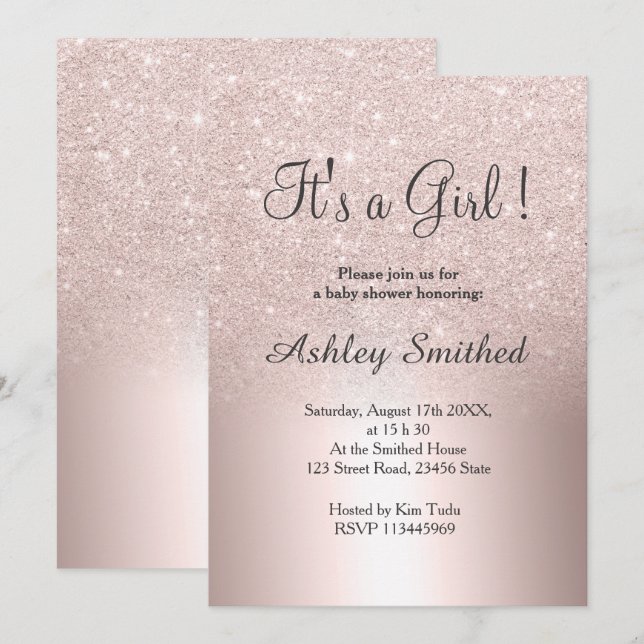 Rose Gold Glitzer ombre Metallmädchen Babydusche Einladung (Vorne/Hinten)