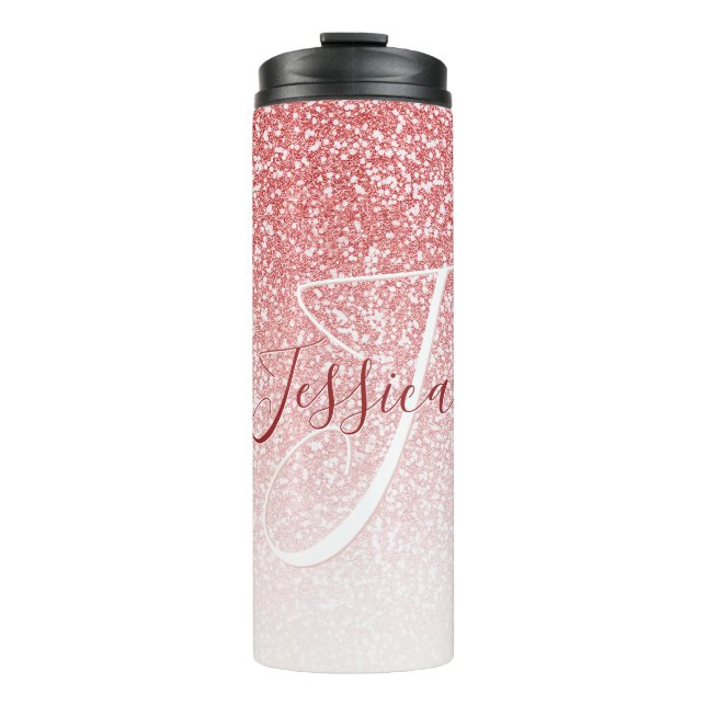 Rose Gold Glitzer Ombre Modern Monogram Thermosbecher (Vorderseite)