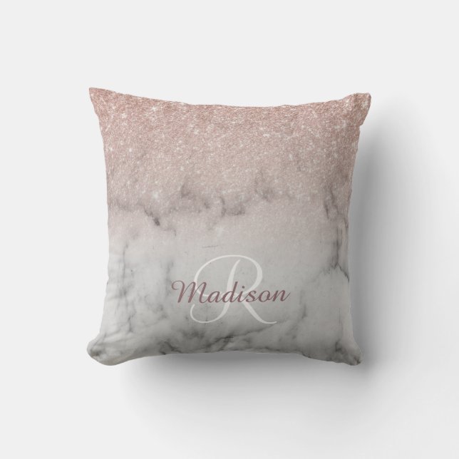 Rose Gold Glitzer Ombre Monogram Marble Kissen (Vorderseite)