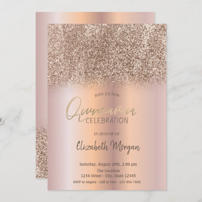 Rose Gold Glitzer Ombre Quinceañera Einladung (Vorne/Hinten)