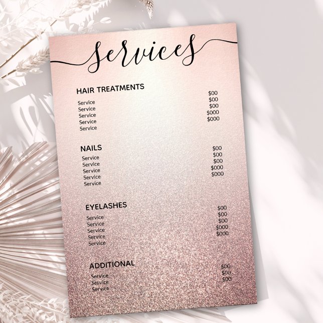 Rose Gold Glitzer Ombre Salon Service Menü Poster (Von Creator hochgeladen)