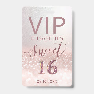 Rose gold Glitzer ombre Skript Sweet 16 VIP Abzeic Ausweis