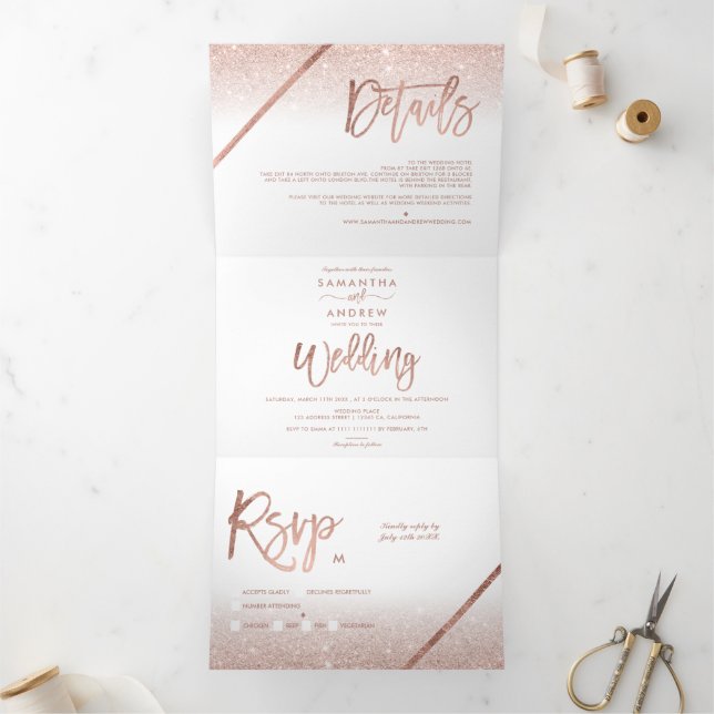 Rose Gold Glitzer ombre typografie Dreifach Gefaltete Einladung (Innenseite)