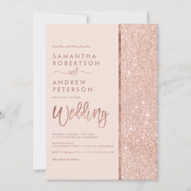Rose Gold Glitzer Pastellrosa Farbblock Hochzeit Einladung (Vorderseite)