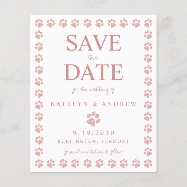 Rose Gold Glitzer Paw Print Save the Date Postkart (Vorderseite)