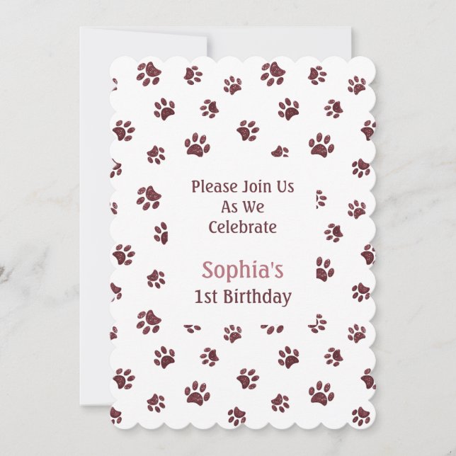 Rose Gold Glitzer Paw Prints Pet Birthday Einladun Einladung (Vorderseite)