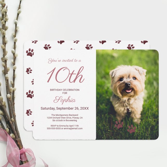 Rose Gold Glitzer Paw Prints Pet Birthday Foto Einladung (Von Creator hochgeladen)