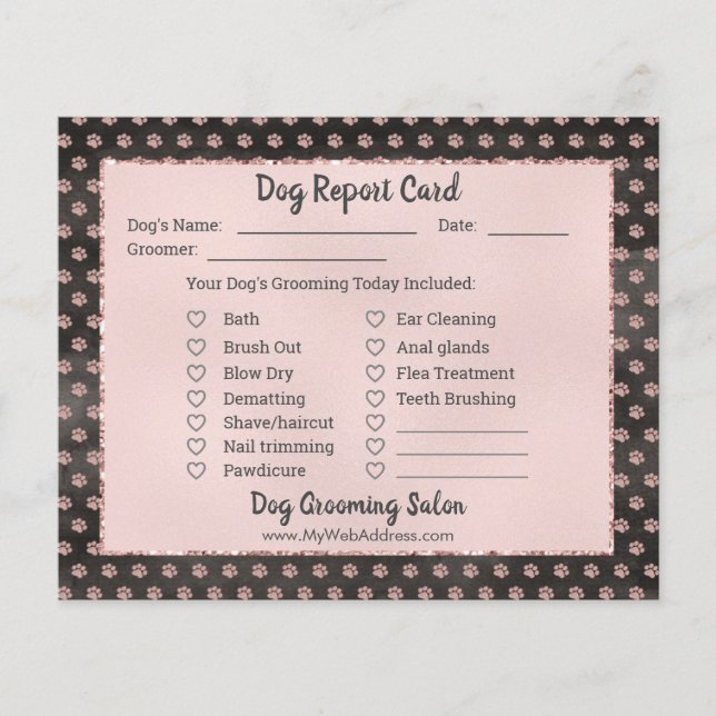 Rose Gold Glitzer Paws Dog Grooming Report Card Flyer (Vorne)