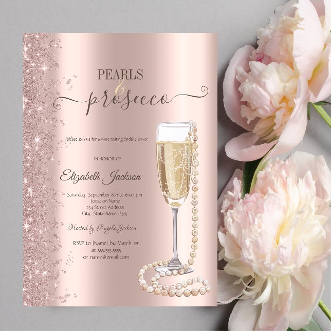 Rose Gold Glitzer Perlen & Prosecco Brautparty Einladung (Von Creator hochgeladen)