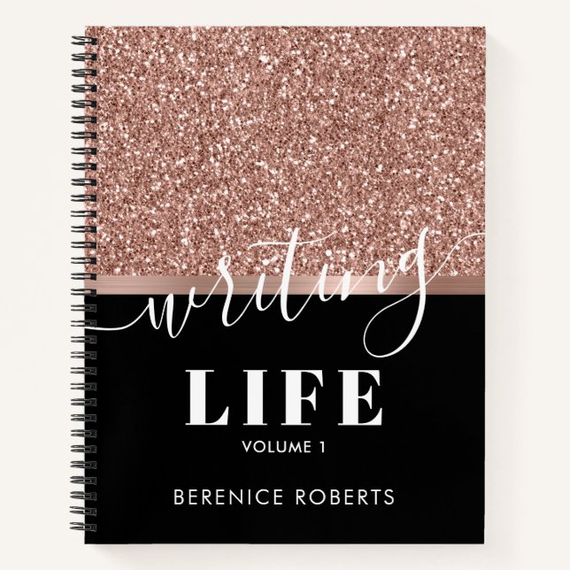 Rose Gold Glitzer Personalisiert Black Writer Notizbuch (Vorderseite)