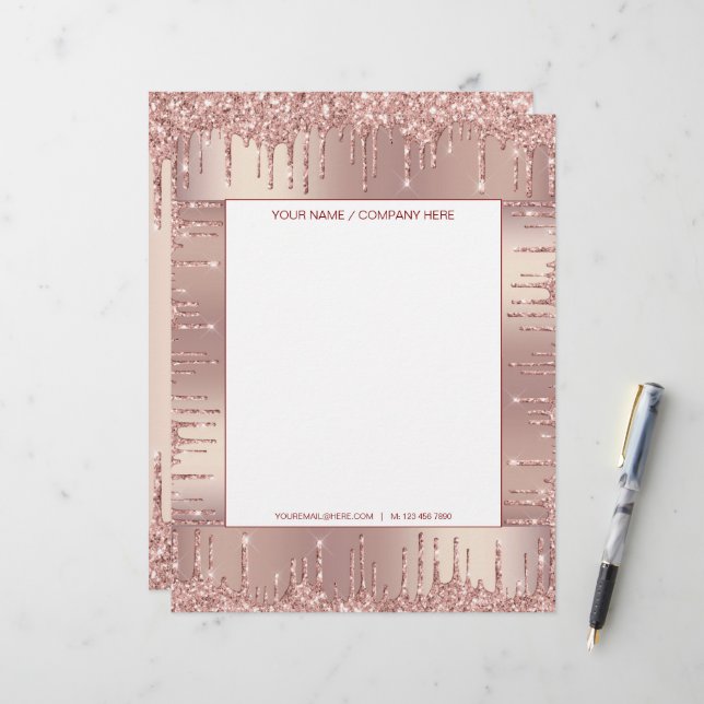 Rose Gold Glitzer Personalisiert Letterhead Briefbogen (Vorderseite/Rückseite Beispiel)