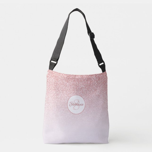 Rose Gold Glitzer Pink Ombre Monogram Tragetaschen Mit Langen Trägern (Vorderseite)