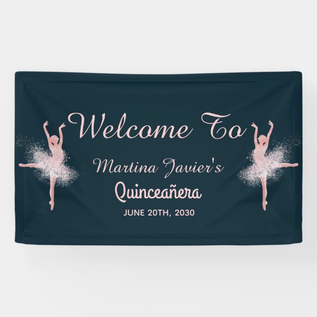 Rose Gold Glitzer Pink Quinceñera 15. Geburtstag Banner (Horizontal)