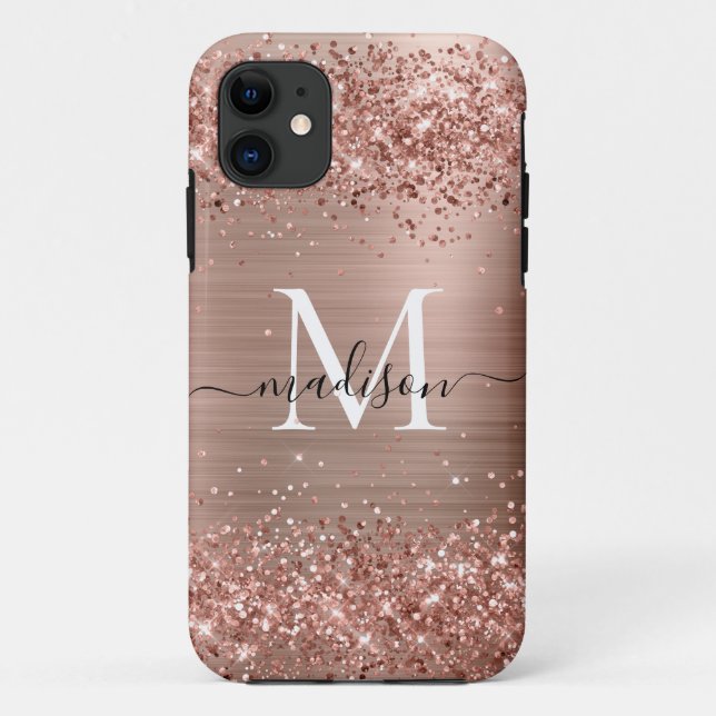 Rose Gold Glitzer Pinselmetall Monogram Script Case-Mate iPhone Hülle (Rückseite)