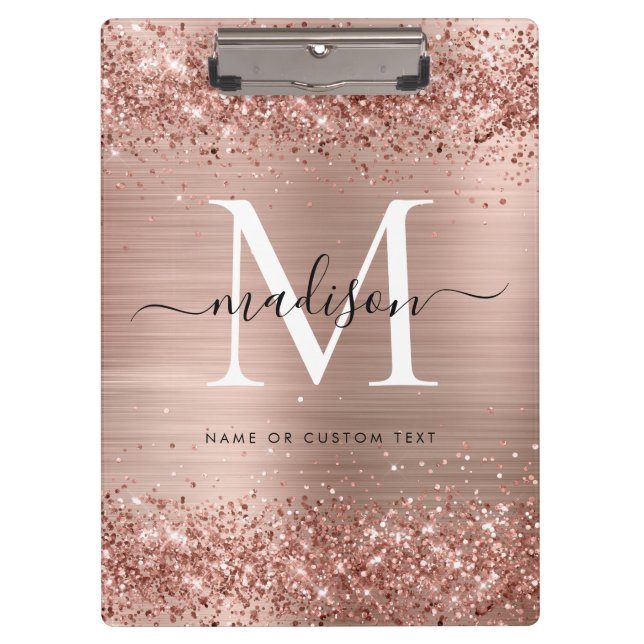 Rose Gold Glitzer Pinselmetall Monogram Script Klemmbrett (Vorderseite)
