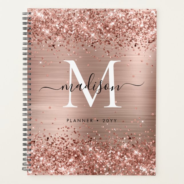 Rose Gold Glitzer Pinselmetall Monogram Script Planer (Vorderseite)