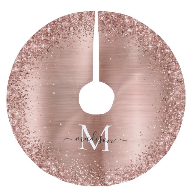 Rose Gold Glitzer Pinselmetall Monogram Script Polyester Weihnachtsbaumdecke (Vorderseite)