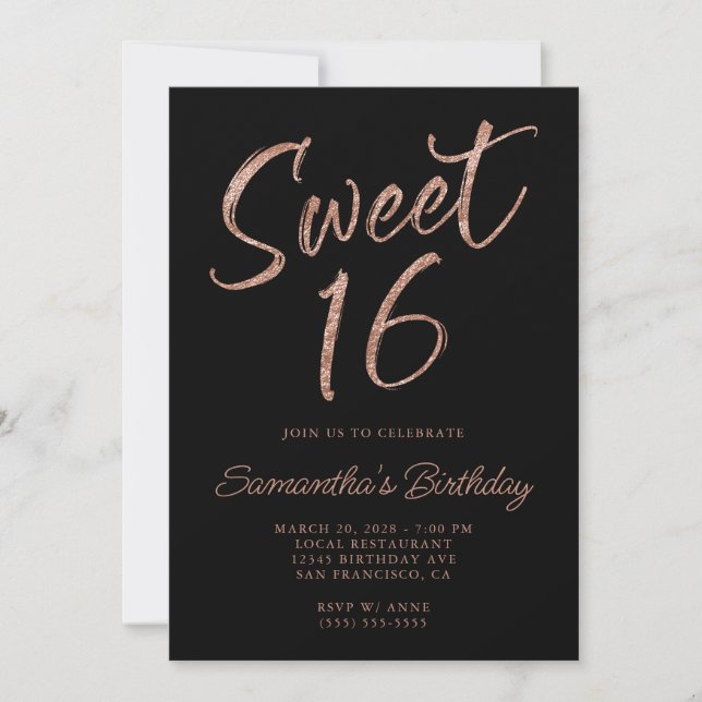 Rose Gold Glitzer Pinselschrift Sweet 16 Black Einladung (Vorderseite)