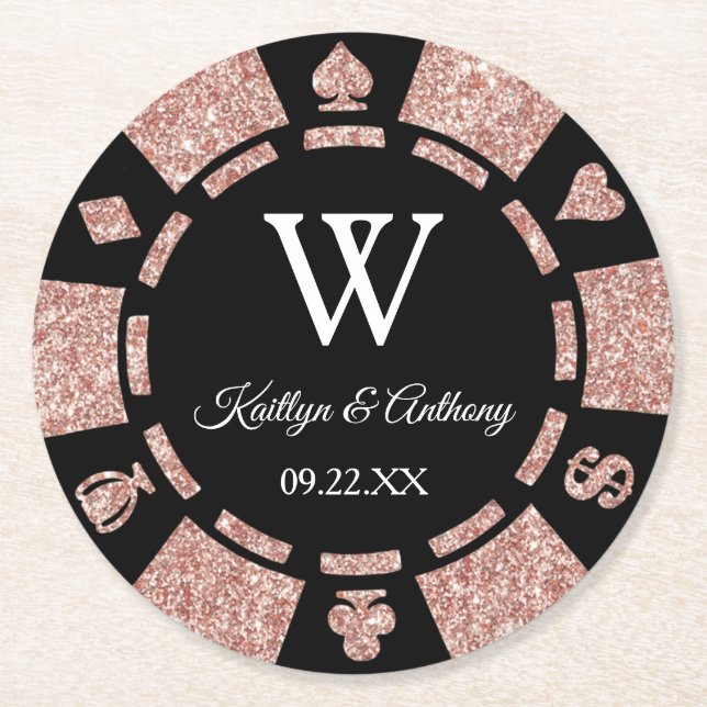 Rose Gold Glitzer Poker Chip Casino Hochzeit Runder Pappuntersetzer (Vorderseite)