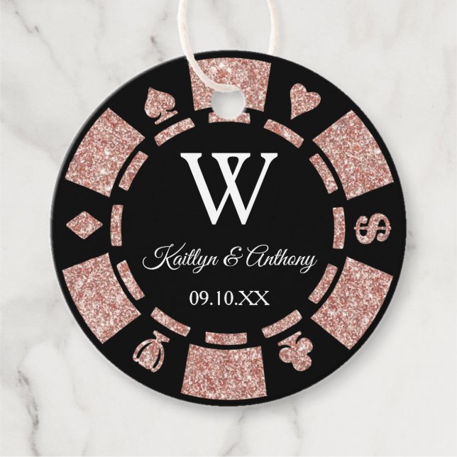 Rose Gold Glitzer Poker Chip Casino Hochzeitsfeier Geschenkanhänger (Vorderseite)