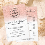 Rose Gold Glitzer Preise Logo Marmor Wir sind offe Flyer<br><div class="desc">Erzählen Sie Ihrem Kunden von Ihrer neuen Wiedereröffnung mit neuen Sicherheitsmaßnahmen ...  mit dieser Rose Gold Glitzer ombre auf schicken weißen Marmor,  fügen Sie Ihr Logo und fügen Sie Ihre Preislisten und Dienstleistungen auf der Rückseite</div>